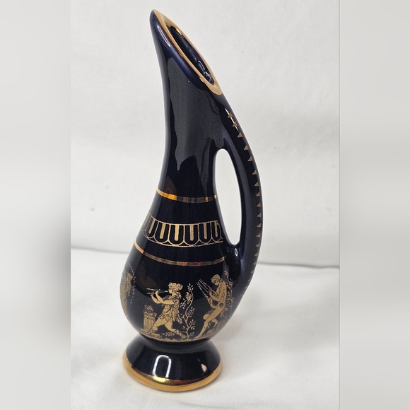 Vintage 5.5" Adis Black Greek Hand painted Vase 24K Gold detail W/Handle - Picture 2 of 11